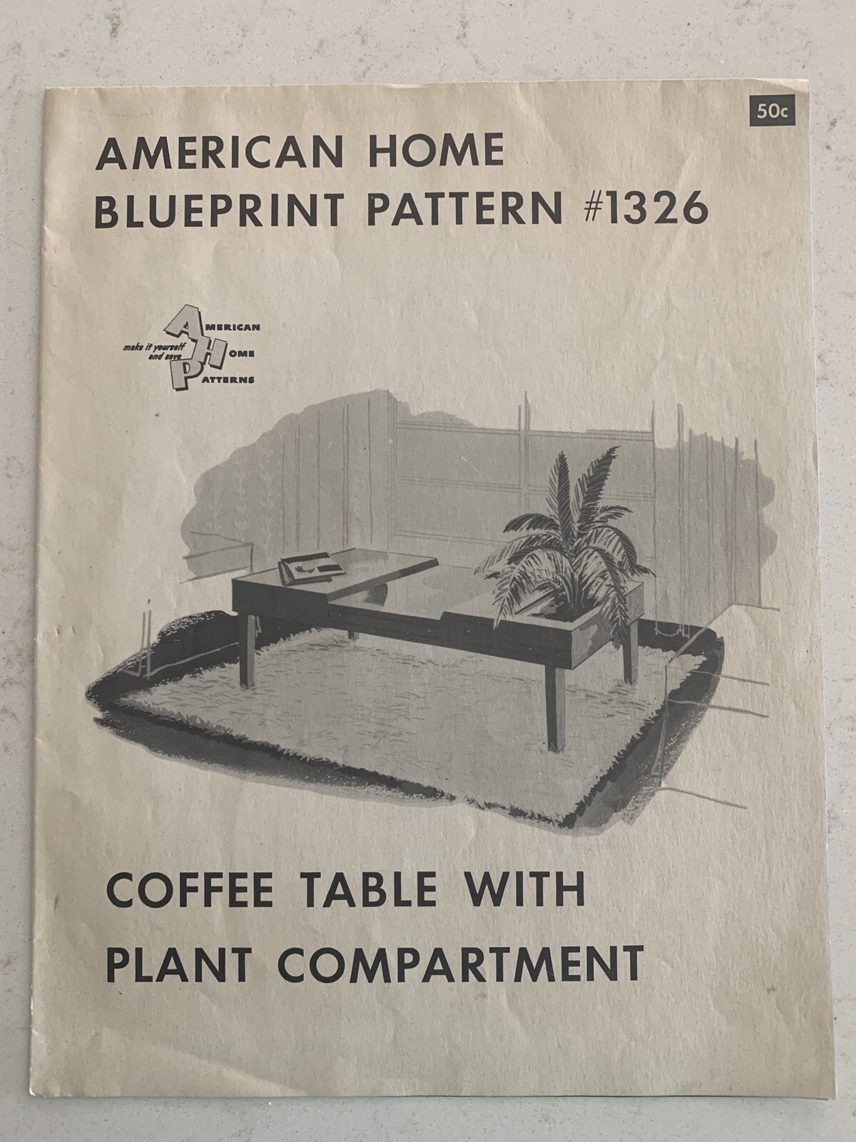 American Home Blueprint Pattern #1326 Coffee Table W/Plant Compartment MCM Vtg