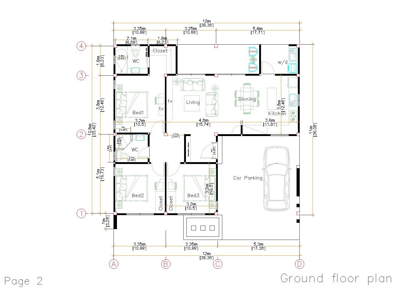 40×36 Feet House Plans 12×11 Meter 3 Beds 3 Baths Flat Roof PDF (A4 Hard Copy)