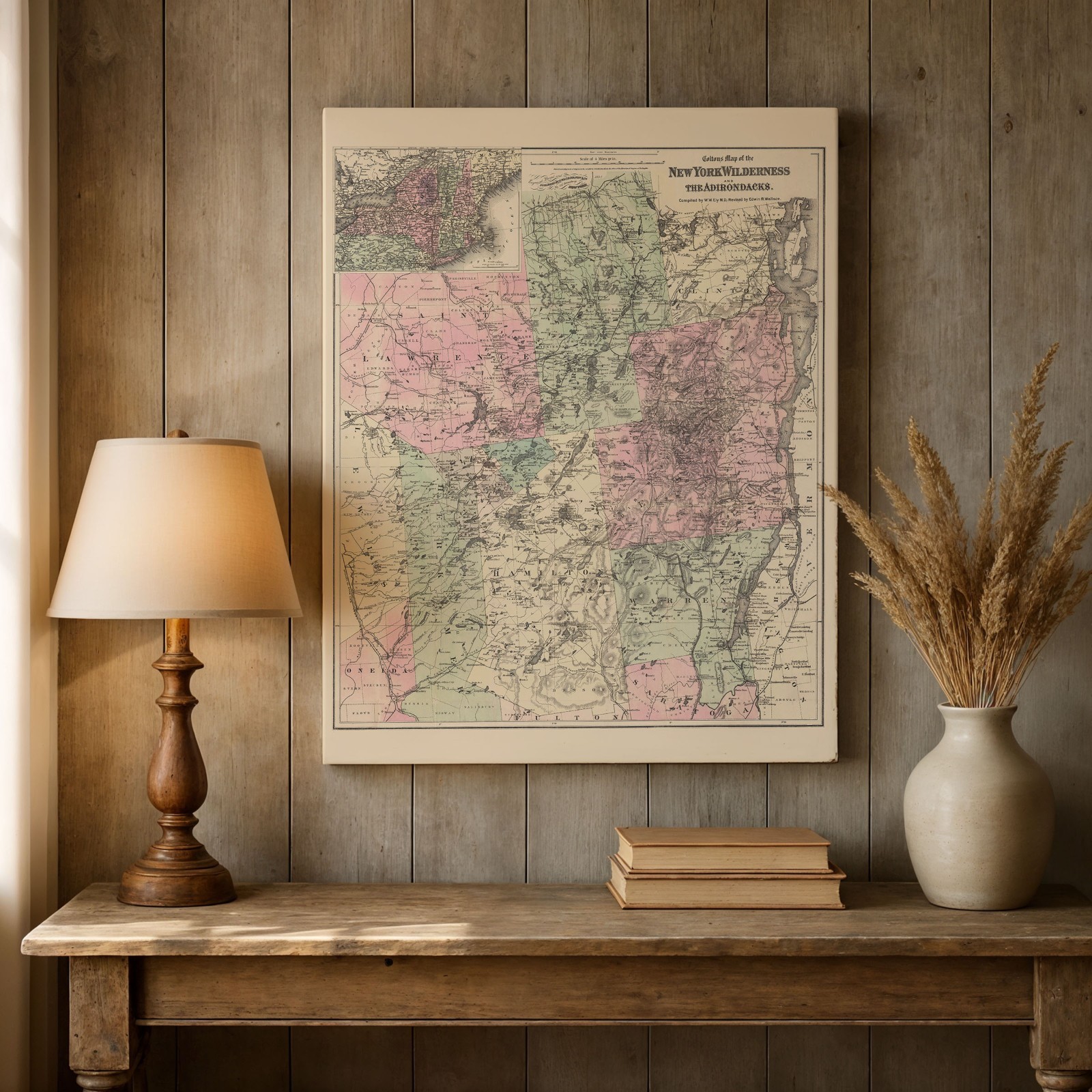 New York Wilderness & Adirondacks Antique Map Vintage Upstate Travel Wall Art