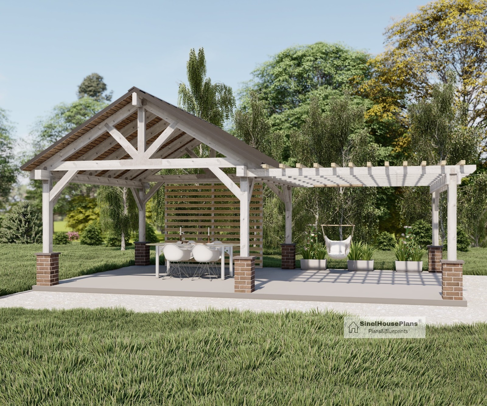 26’x16′ Pavilion with Pergola Plans, Outdoor Gazebo Blueprints