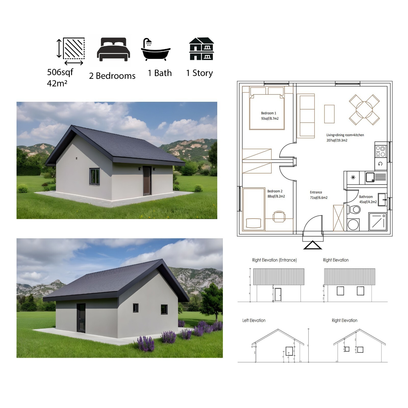 Modern Tiny House Floor Plan PDF + DWG– 2 Bedroom, 1 Bath – 506 sq ft / 47 m²
