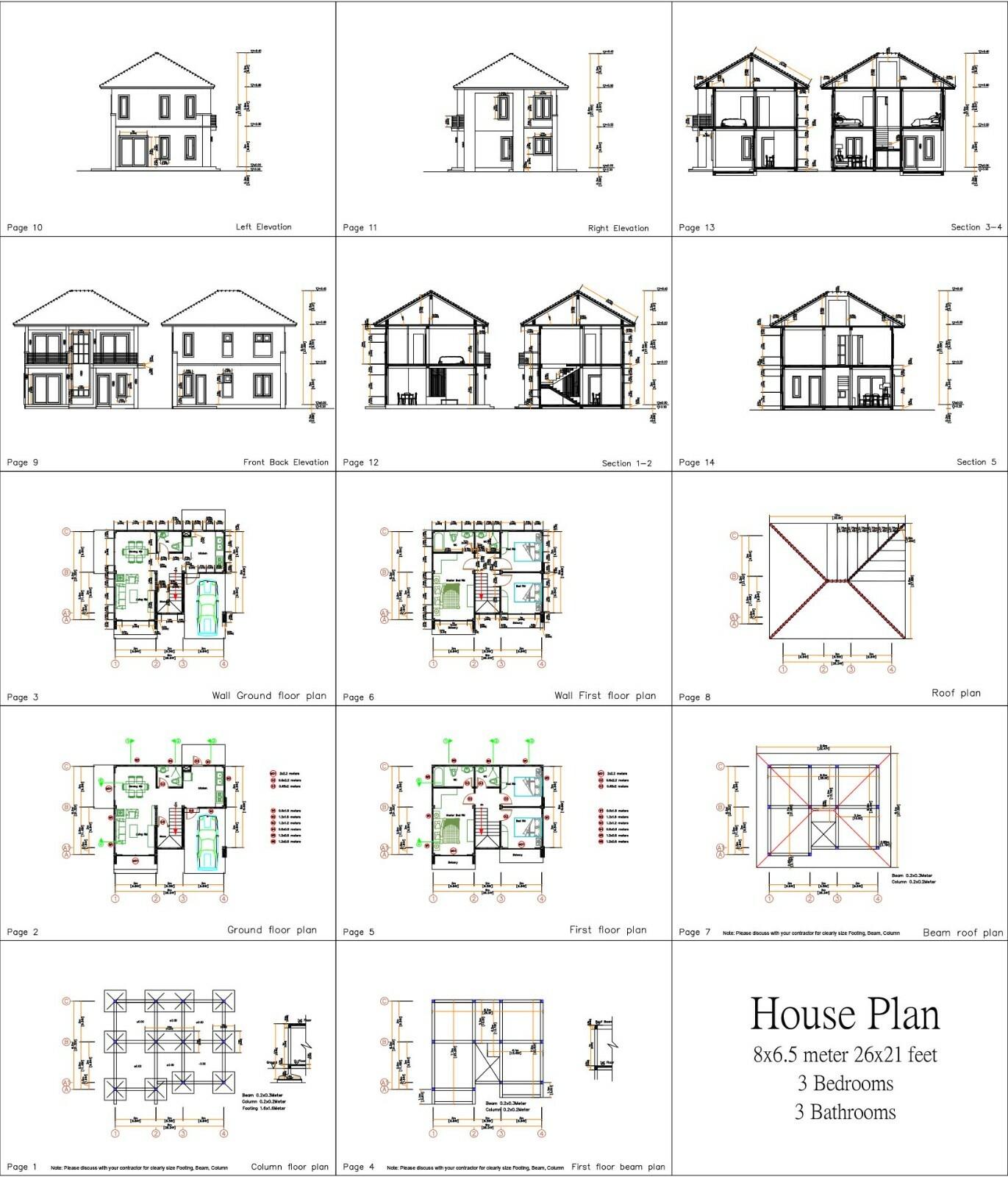 Custom House Design Plans 8×6.5 Meter 26×21 Feet 3 Beds 3 Baths (A4 Hard Copy)