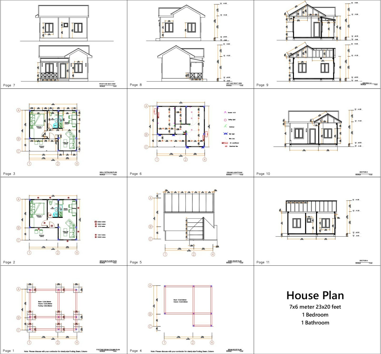 23×20 Feet Tiny House Plans 7×6 Meter One Bedroom Gable Roof Full Plan Hard Copy