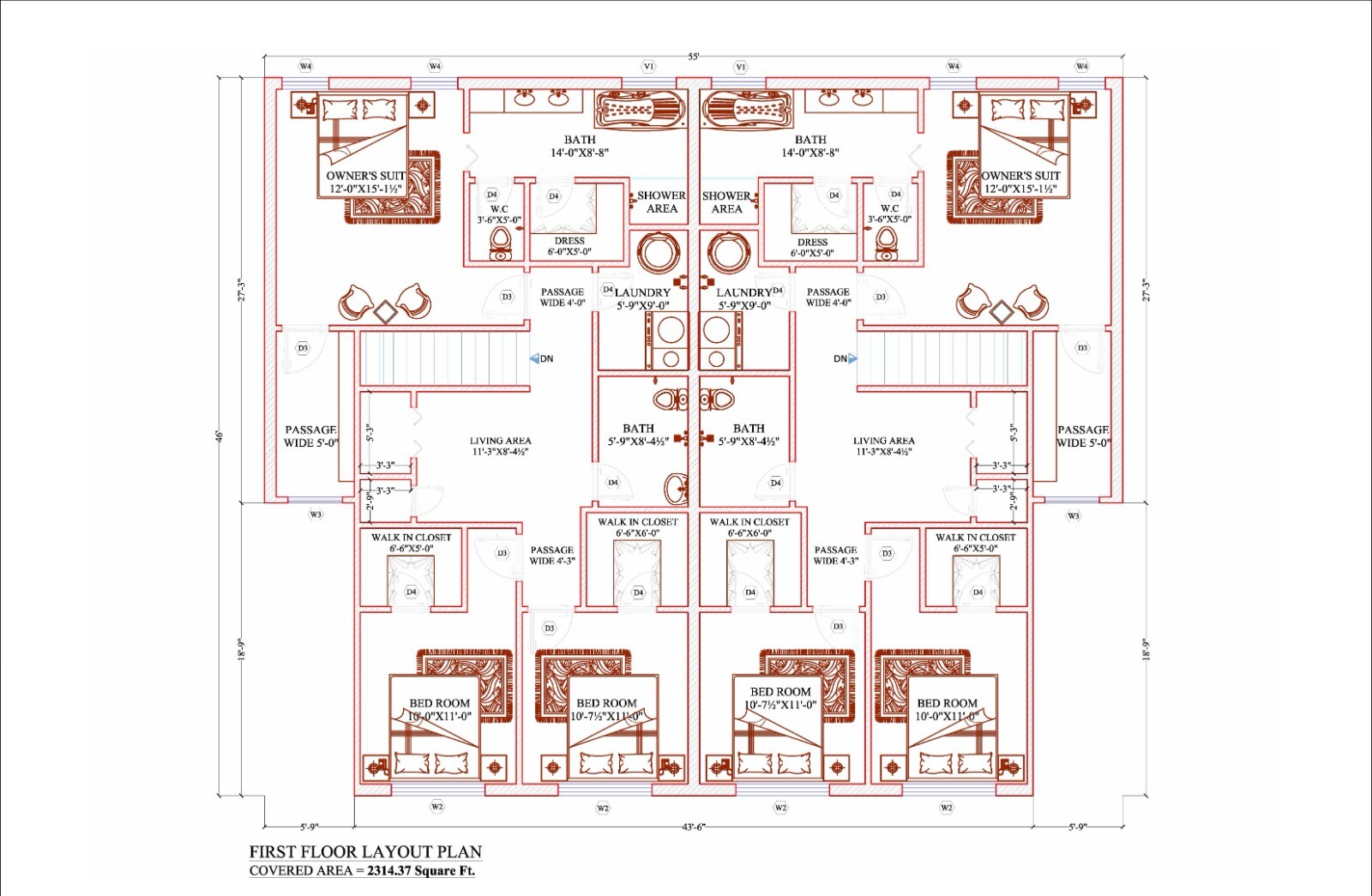 55’x46′ Duplex Residential Building Plans – 2 Units, 3 Bedrooms Each
