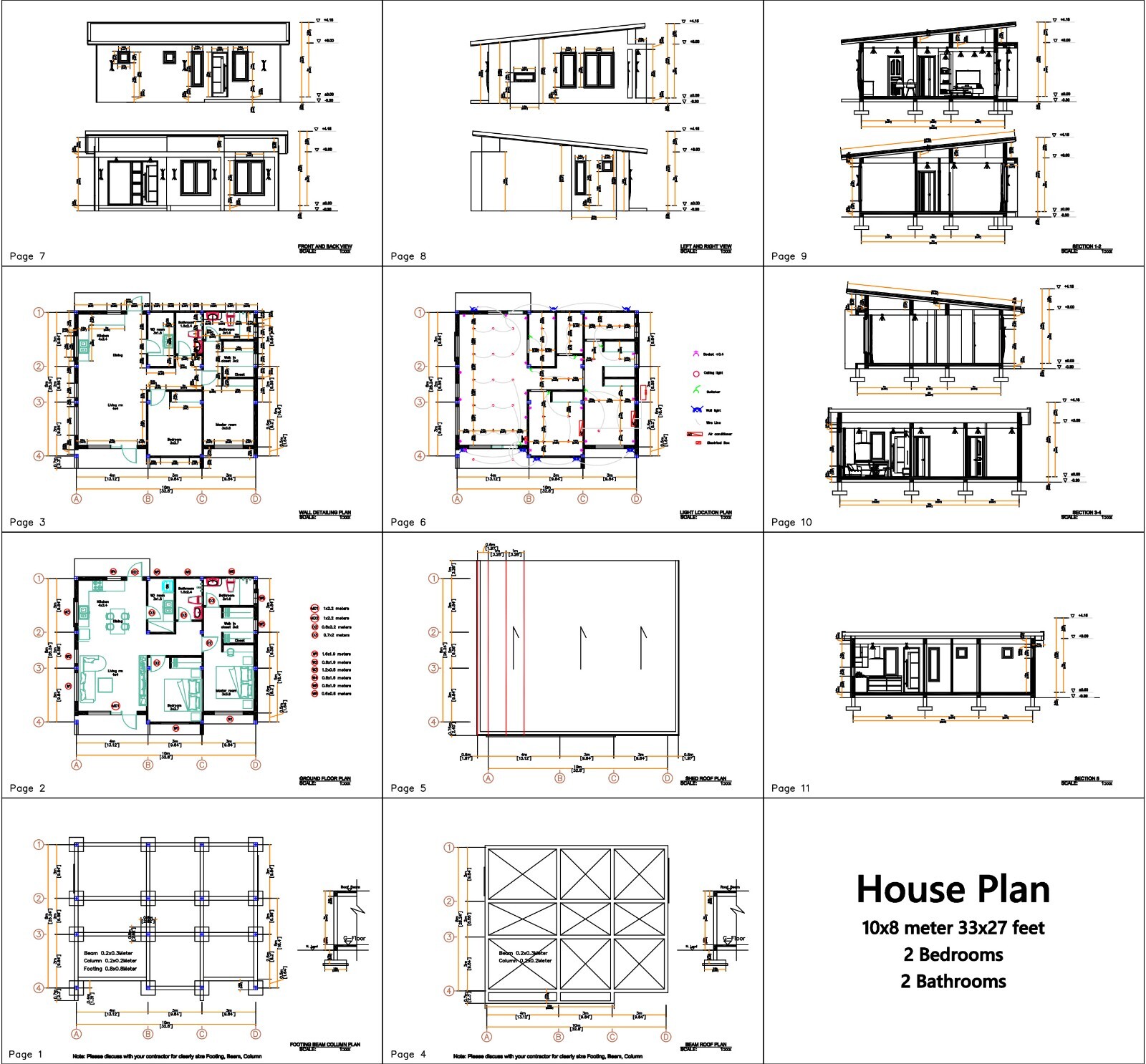33×27 Feet Small House Plan 10×8 Meter 2 Beds 2 Baths Shed Roof (A4 Hard Copy)