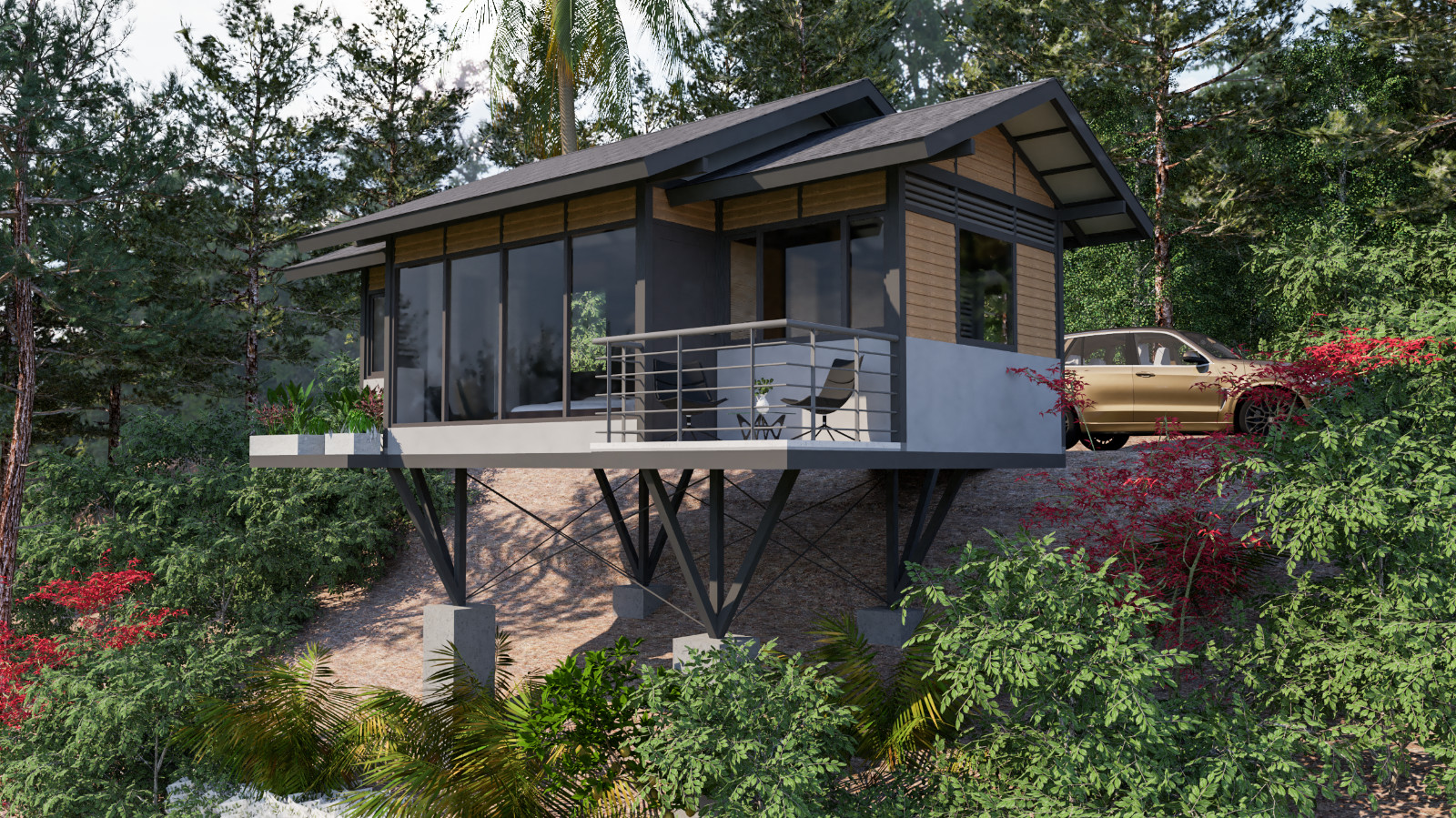 Modern Cabin House Plan 3D images DWG CAD File And PDF For Blueprint Plans