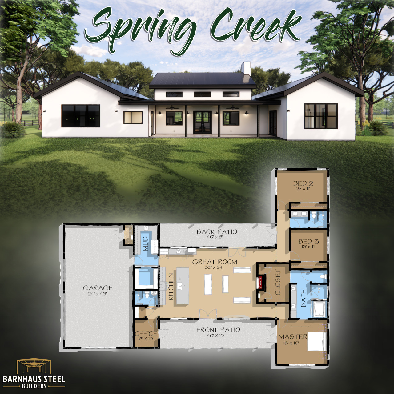 The Spring Creek Farmhouse Plan: 3 Bedrooms / 3 Baths 2,639 SF Design Blueprints