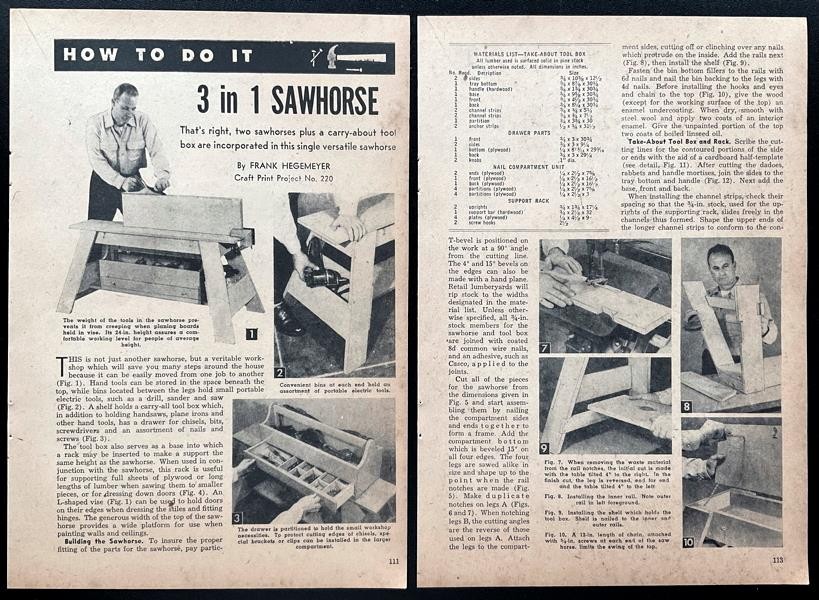 “3 in 1 Sawhorse” 1955 HowTo Build PLANS Workbench~Toolbox~Portable Workshop