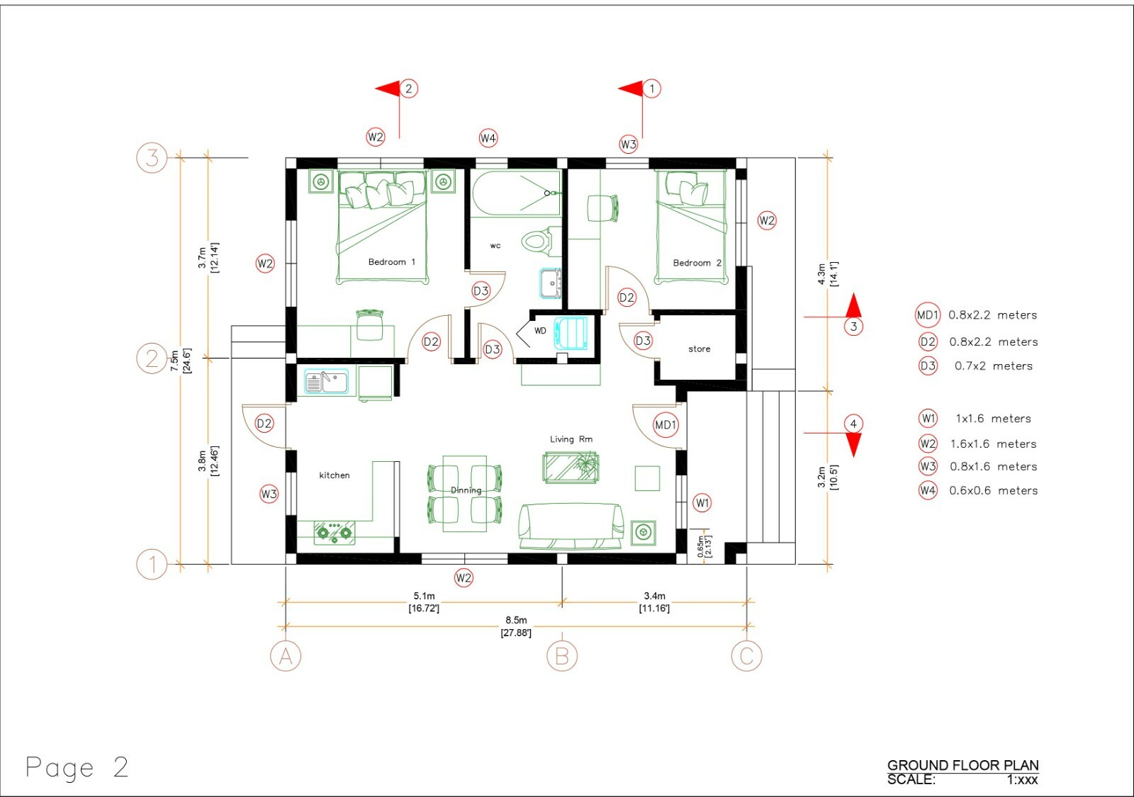 Tiny House 7.5×8.5 Meter 2 Bedrooms 25×29 Feet Full PDF Plans (A4 Hard Copy)