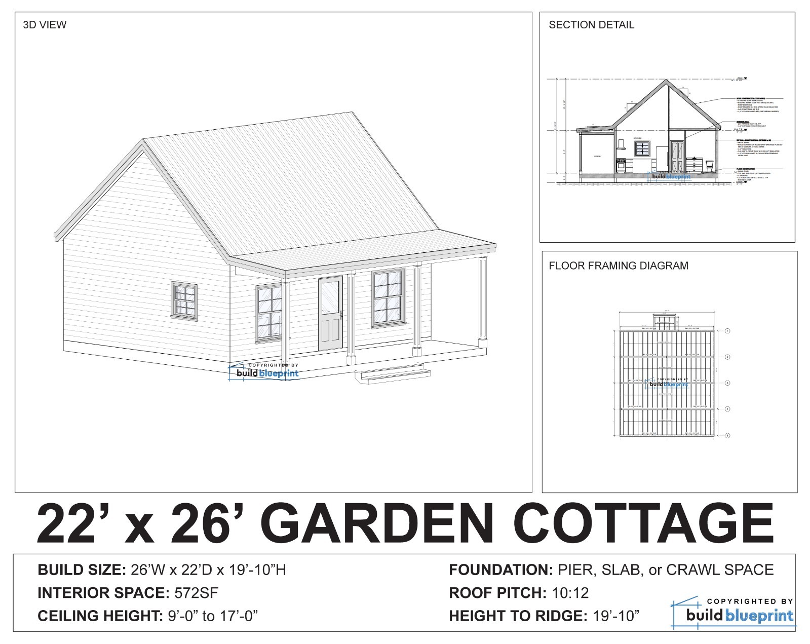 22′ x 26′ Garden Cottage Architectural Plans – PDF Download