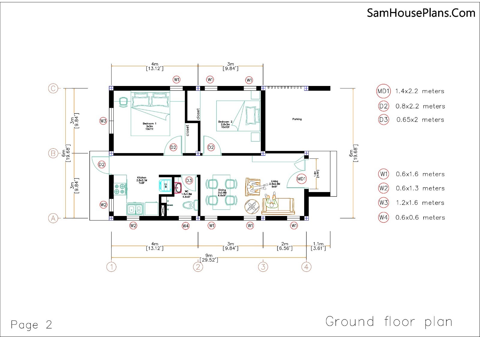 20×30 Feet Small House Design 6×9 Meter 2 Beds Shed Roof PDF Plan (A4 Hard Copy)