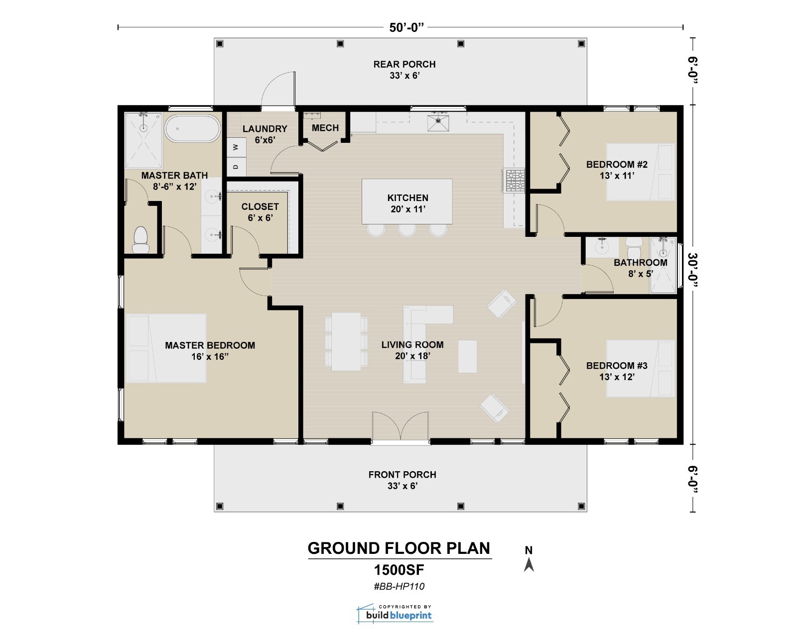 30×50 Modern Farmhouse Custom Architectural Plans 1500SF – PDF Download