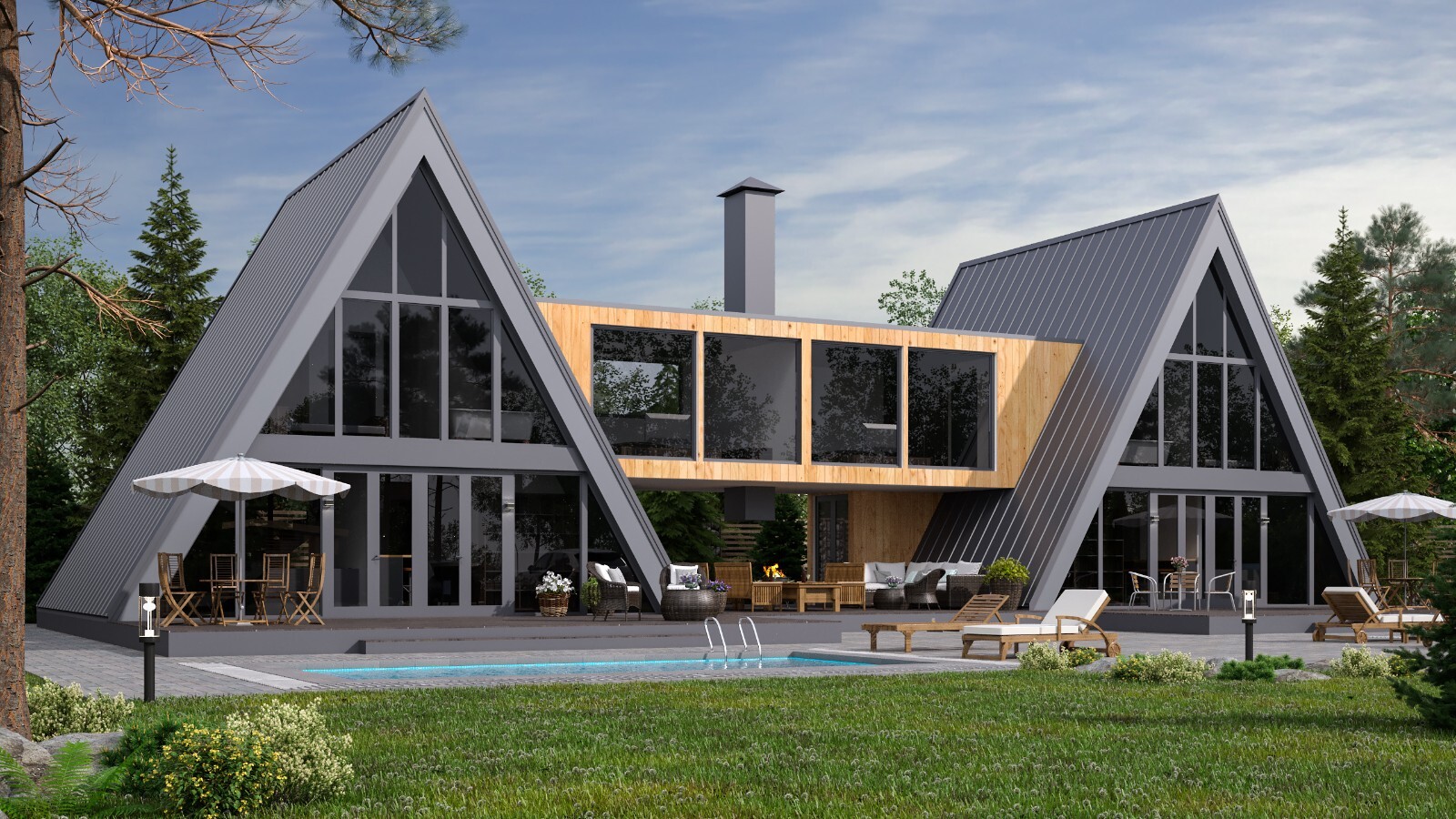 86’x45’ 6 Beds, 4 Baths Double A-Frame House Architecture Build Plans PDF.