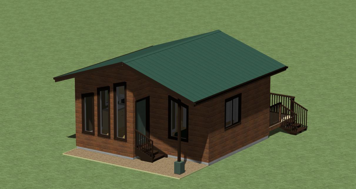 Tiny Home Construction Plans 400 sq. ft. one bedroom, open kitchen living room.