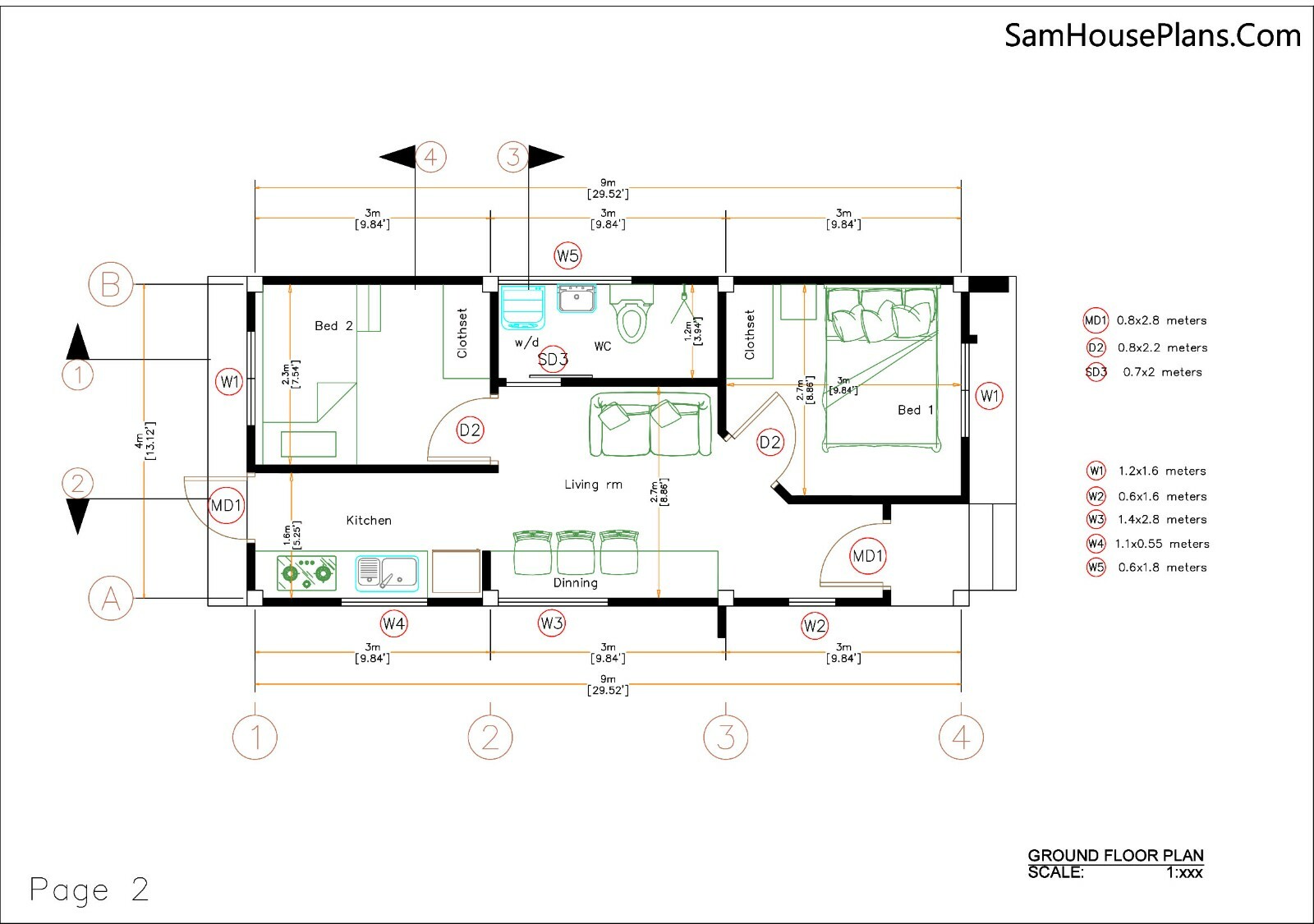 New Home Plans 4×9 Meter 13×30 Feet 2 Beds 1 Bath Hip Roof PDF (A4 Hard Copy)