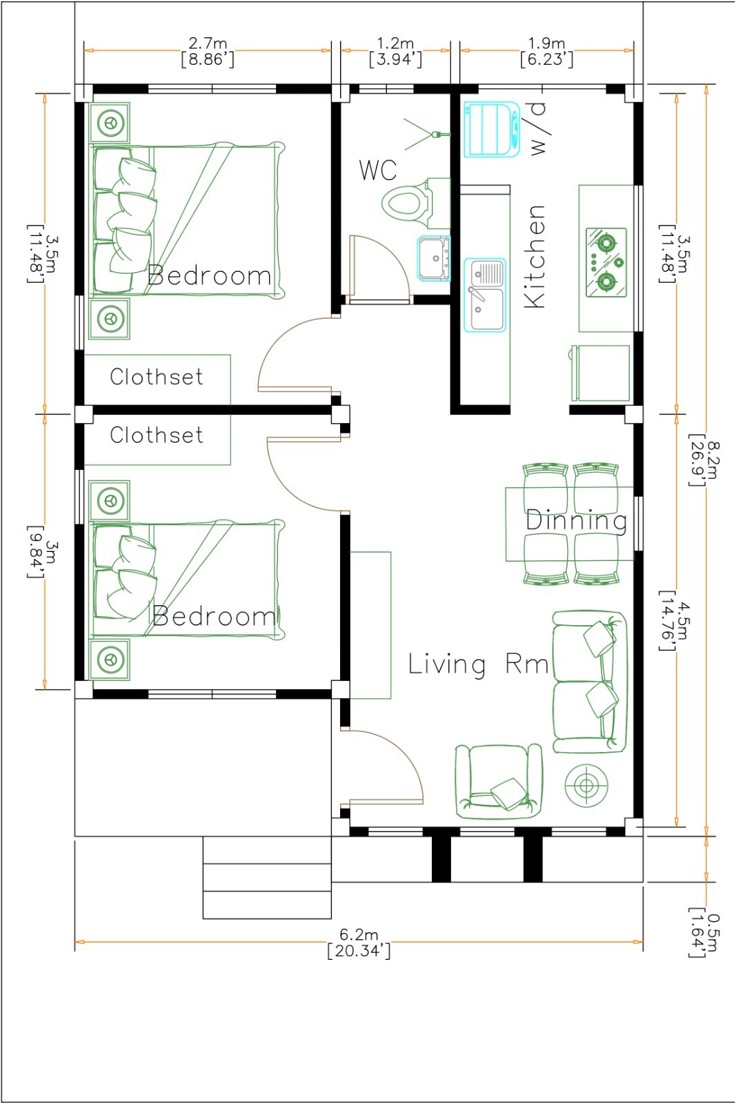 20×27 Feet Small House Plans 6×8 Meter 2 Bed 1 Bath Hip Roof PDF (A4 Hard Copy)