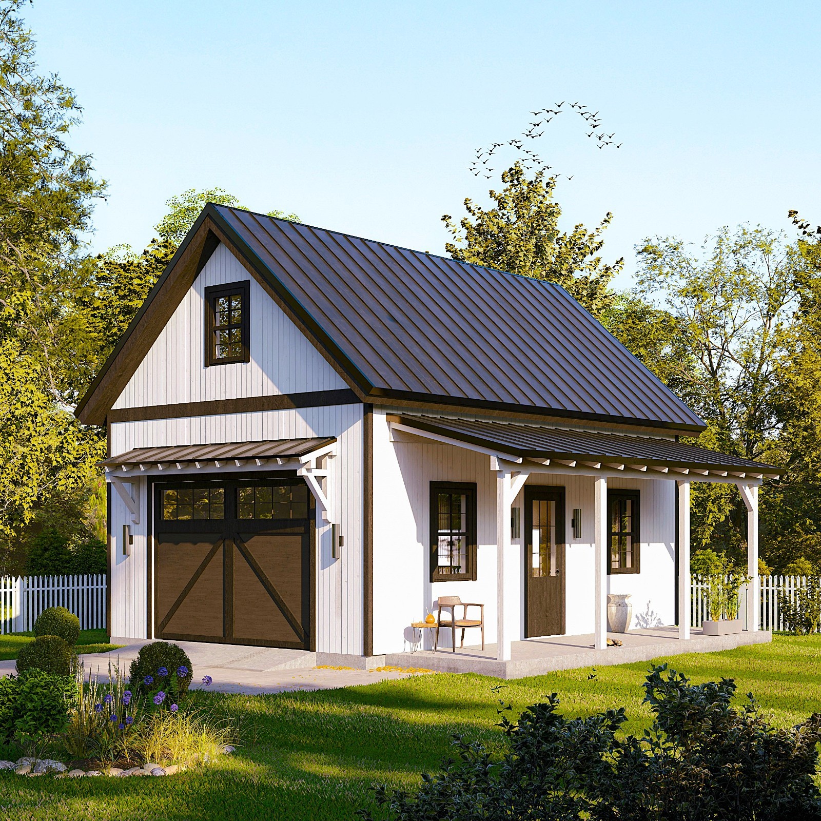 One Car Garage Plans with Loft & Covered Porch/Workshop Shed Blueprints