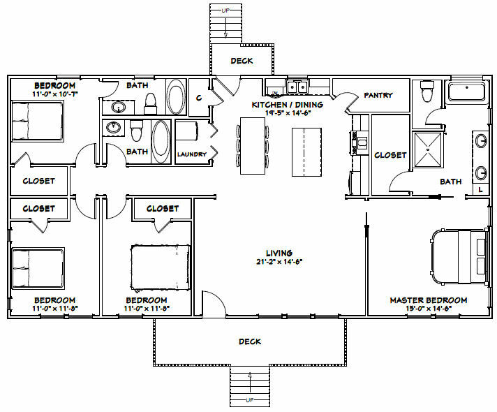 60×30 House — 4 bedroom 3 Bath — 1,800 sqft — PDF Floor Plan — Model 3C
