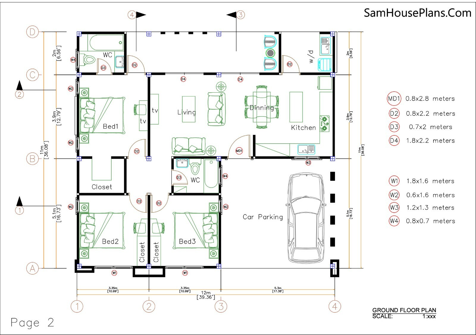 House Plans 12×11 Meter 39×36 Feet 3 Beds 2 Baths Shed Roof (A4 Hard Copy)