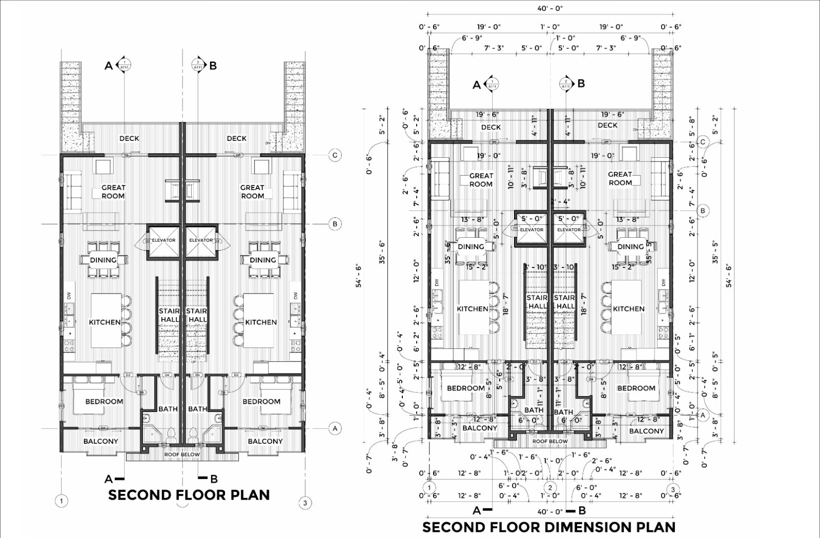 40’x55′ Duplex Plans: 4304 Sqft, 2 Units w/Garages, Elevators & Balconies