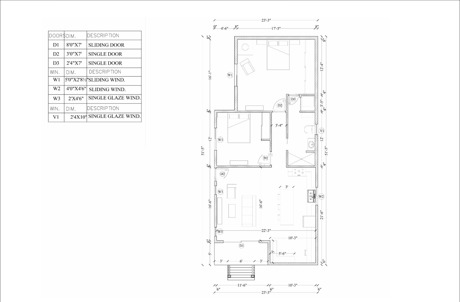 23×52’ Tiny Home Plans – 2 Bedrooms, 1 Bath