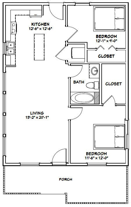 26×34 House — 2 Bedroom 1 Bath — 884 sq ft — PDF Floor Plan 1D