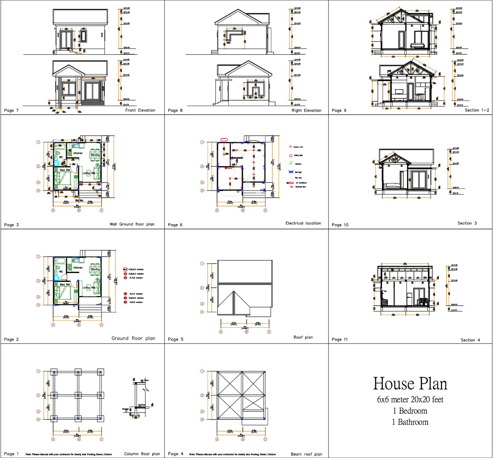 20×20 Feet Small Cottage Design 6×6 Meter One Bedroom Gable Roof (A4 Hard Copy)