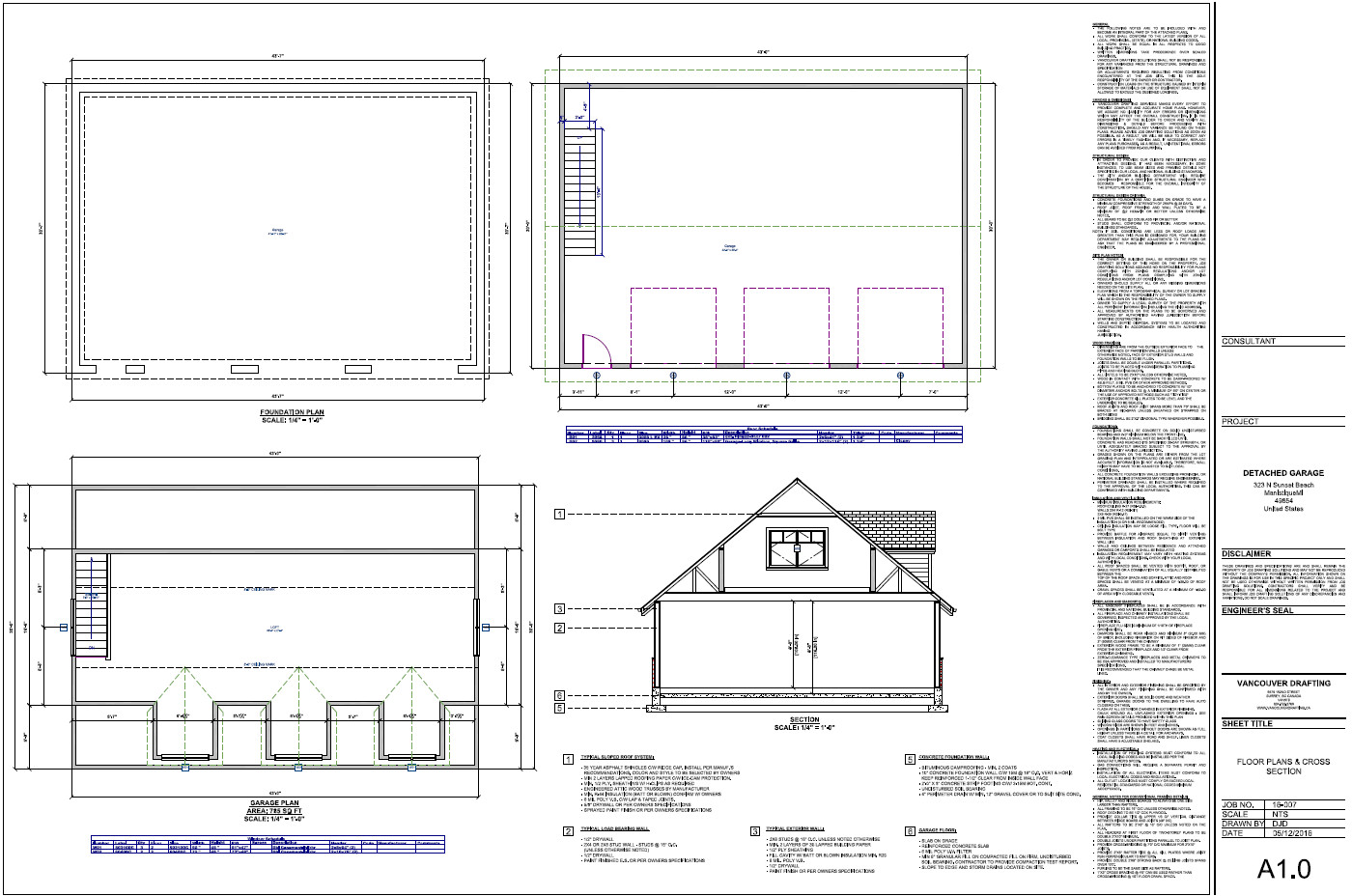 Triple Car / 3 Car Garage Plan / Architectural Blueprints – 43 x 30