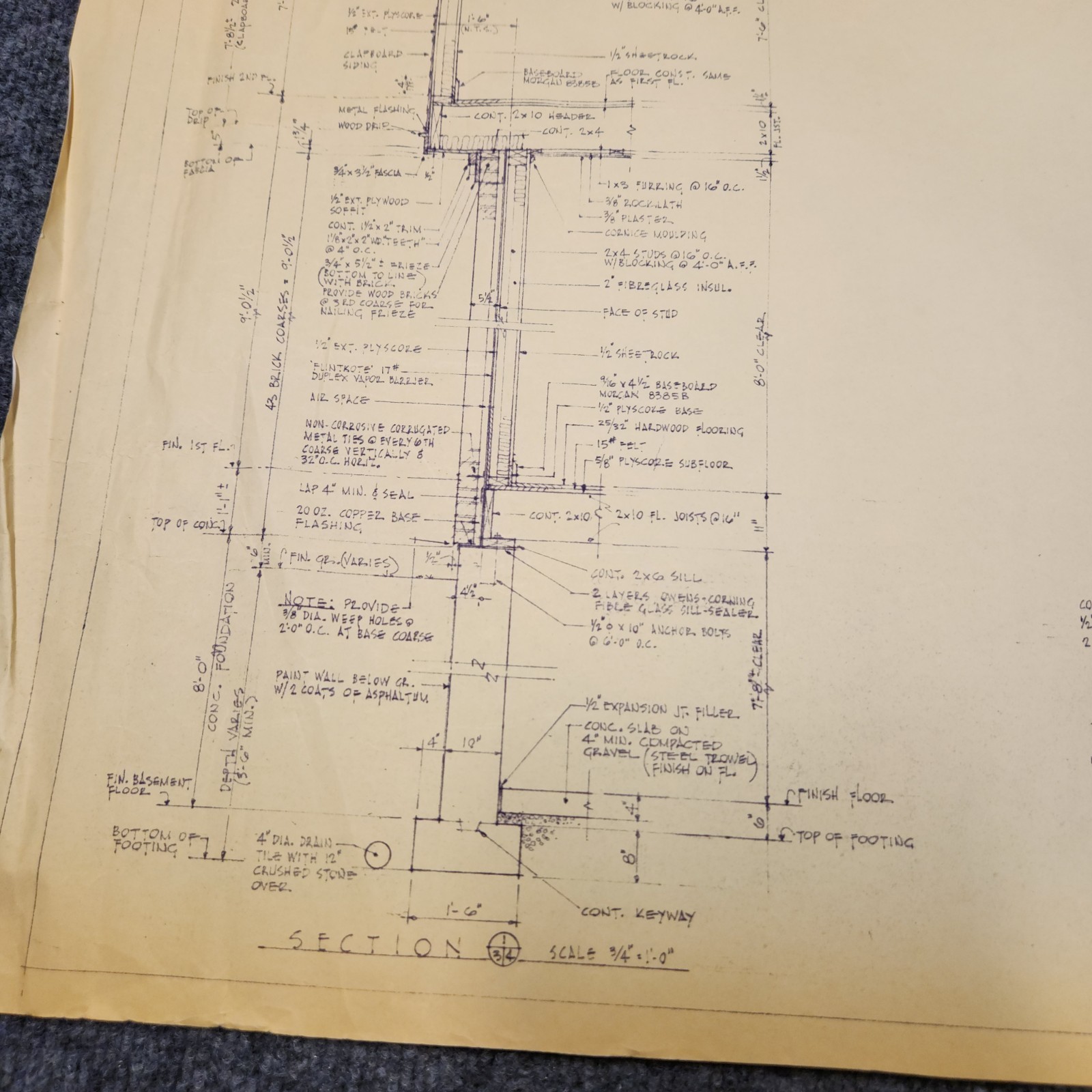 Vintage House Blueprint 33×17 1964 Mid Century Modern Drawing Art Glen Ellyn IL