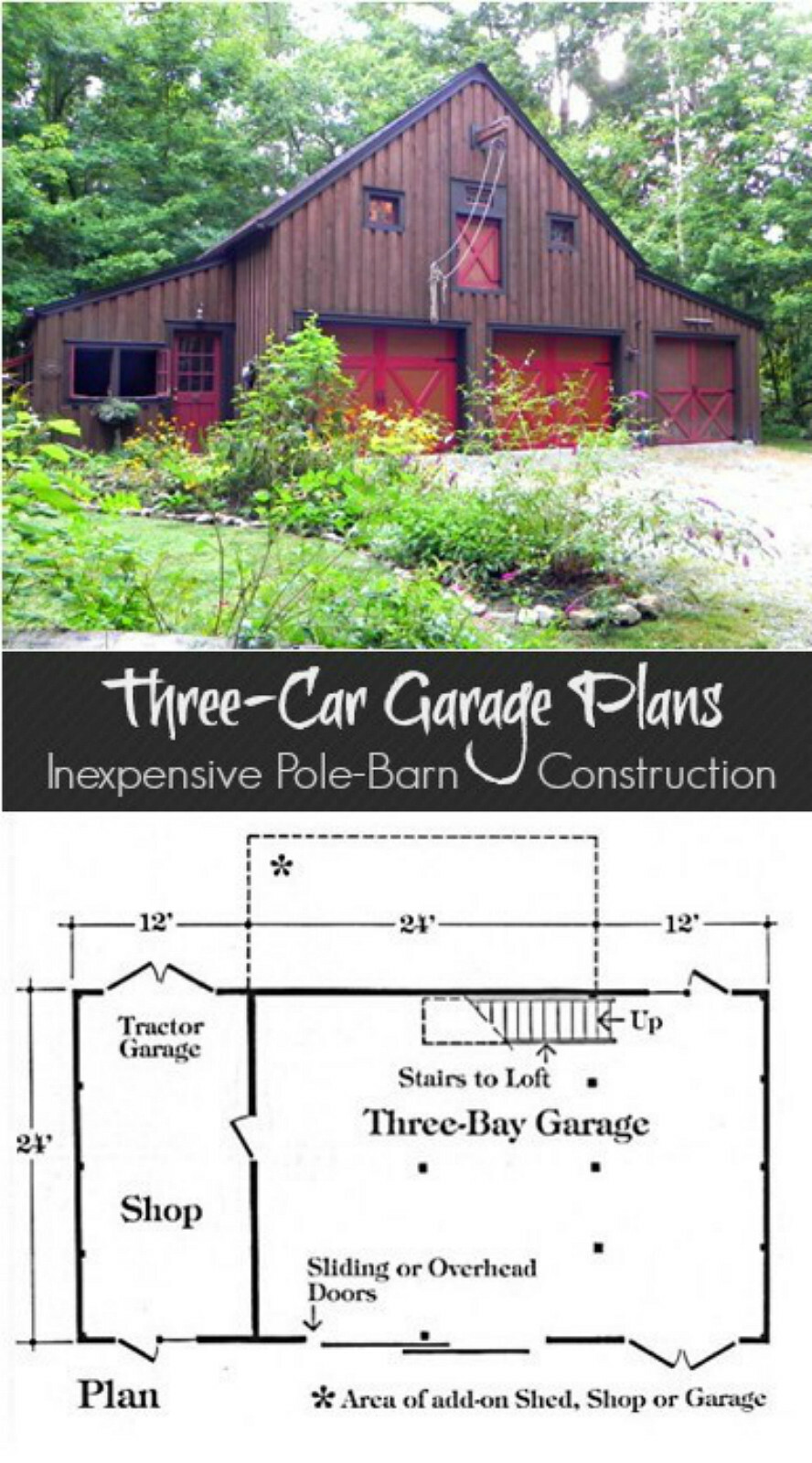 Three-Bay Car Barn Plans with Lofts: 3 Different Sets of Pole-Barn Plans (G3)