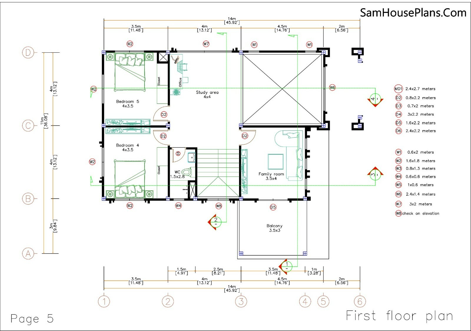 36×46 Feet House Design Plans 11×14 Meter 6 Beds 4 Baths Hip Roof (A4 Hard Copy)