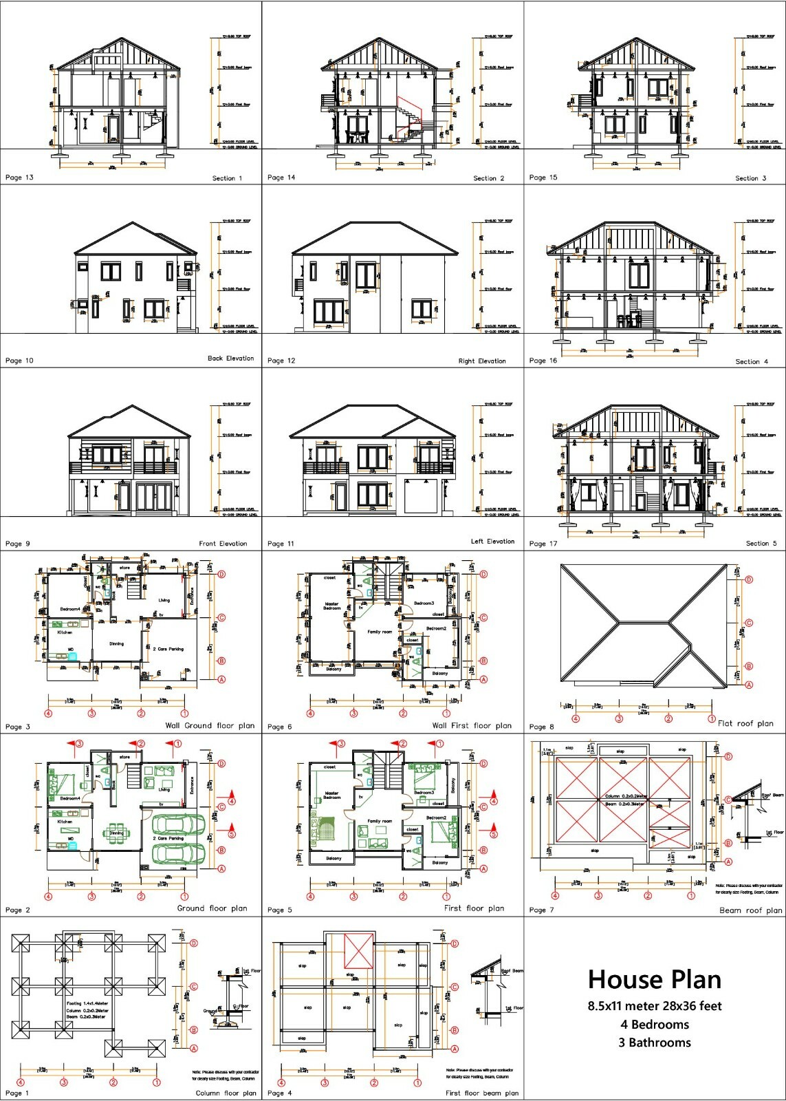 28×36 Feet House Design Plans 8.5×11 Meter 4 Beds 3 Bath PDF Plan (A4 Hard Copy)