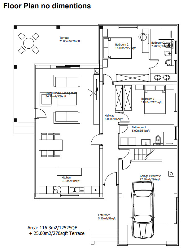 Small Modern 2 Bedroom 2 Bathroom House Floor Plan Blueprints, 116.3m2/1252SQF