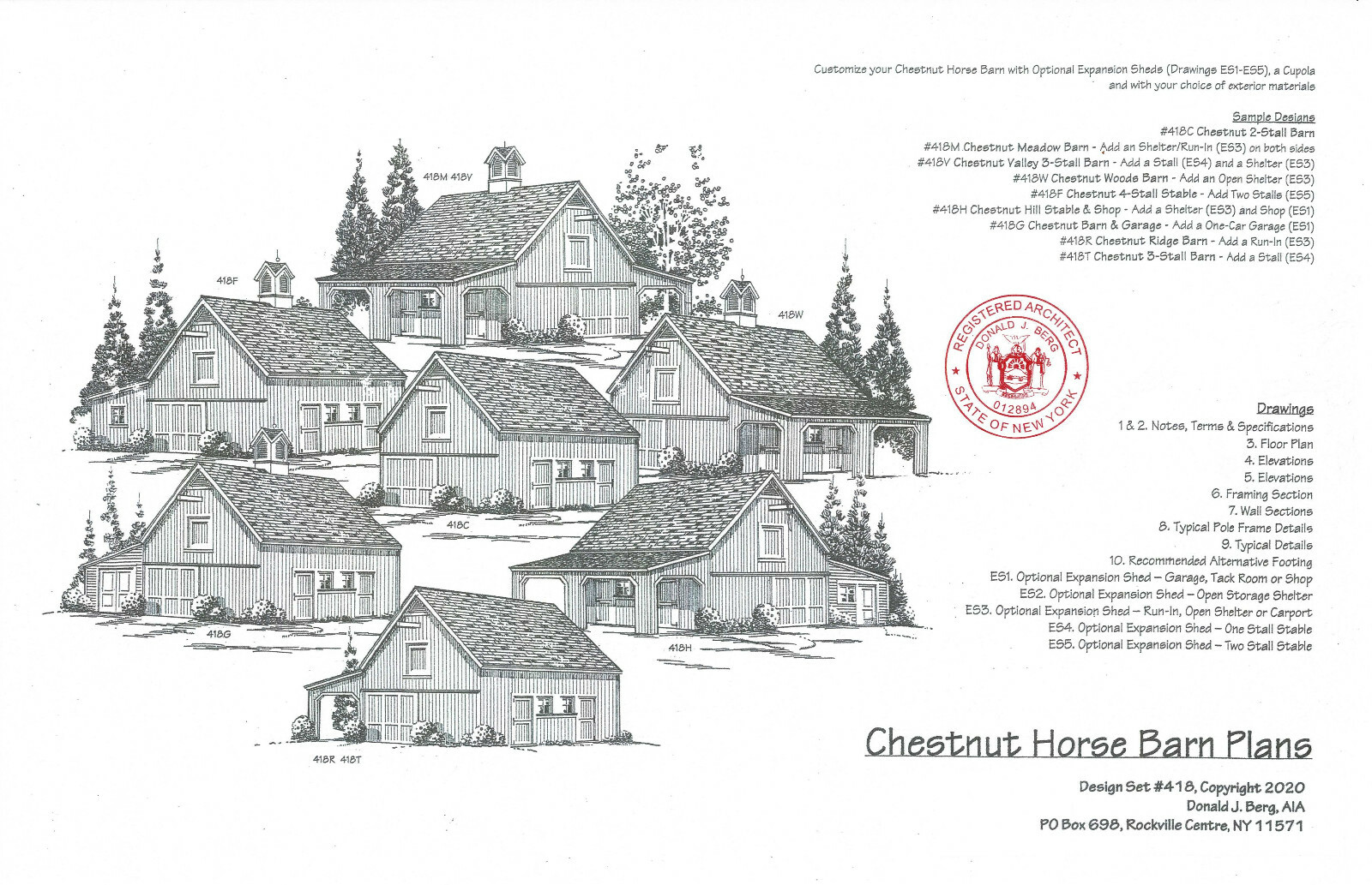 Chestnut Horse Barns – 3 Complete Sets of Pole Barn Building Plans (eB-418×3)