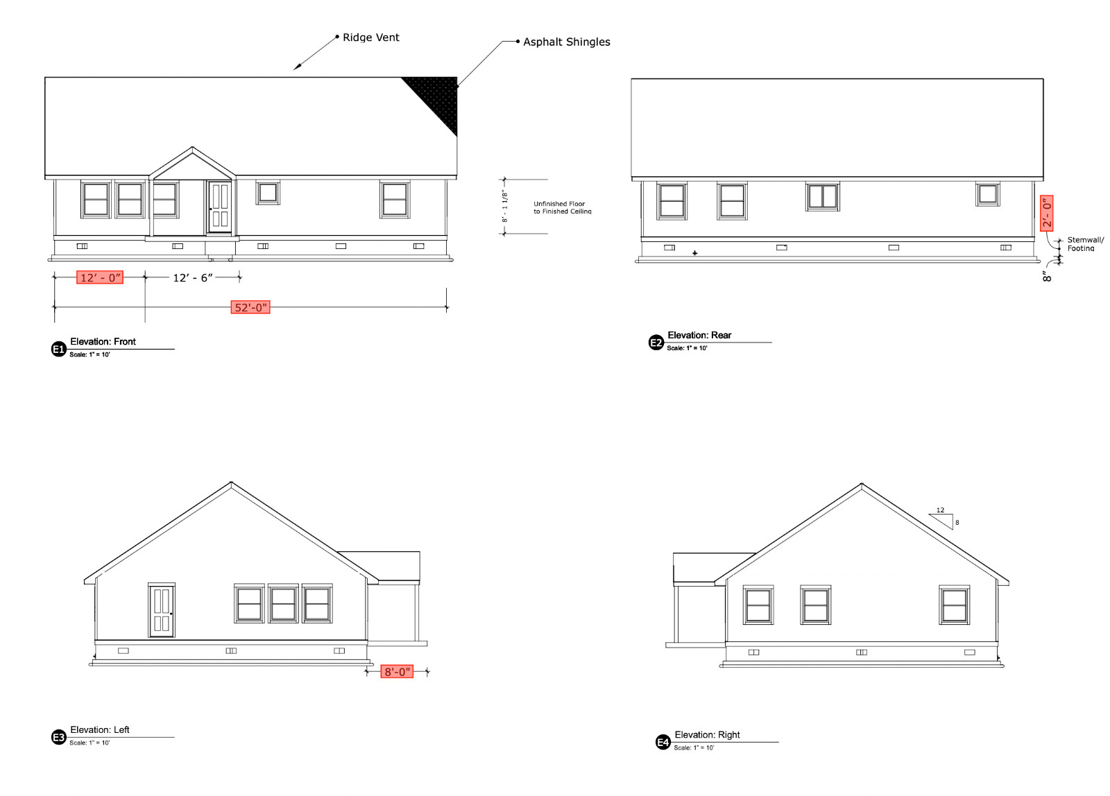 Floor Plans for a 52’x36′ Home, Single Level, 2 Beds, 2.5 Baths