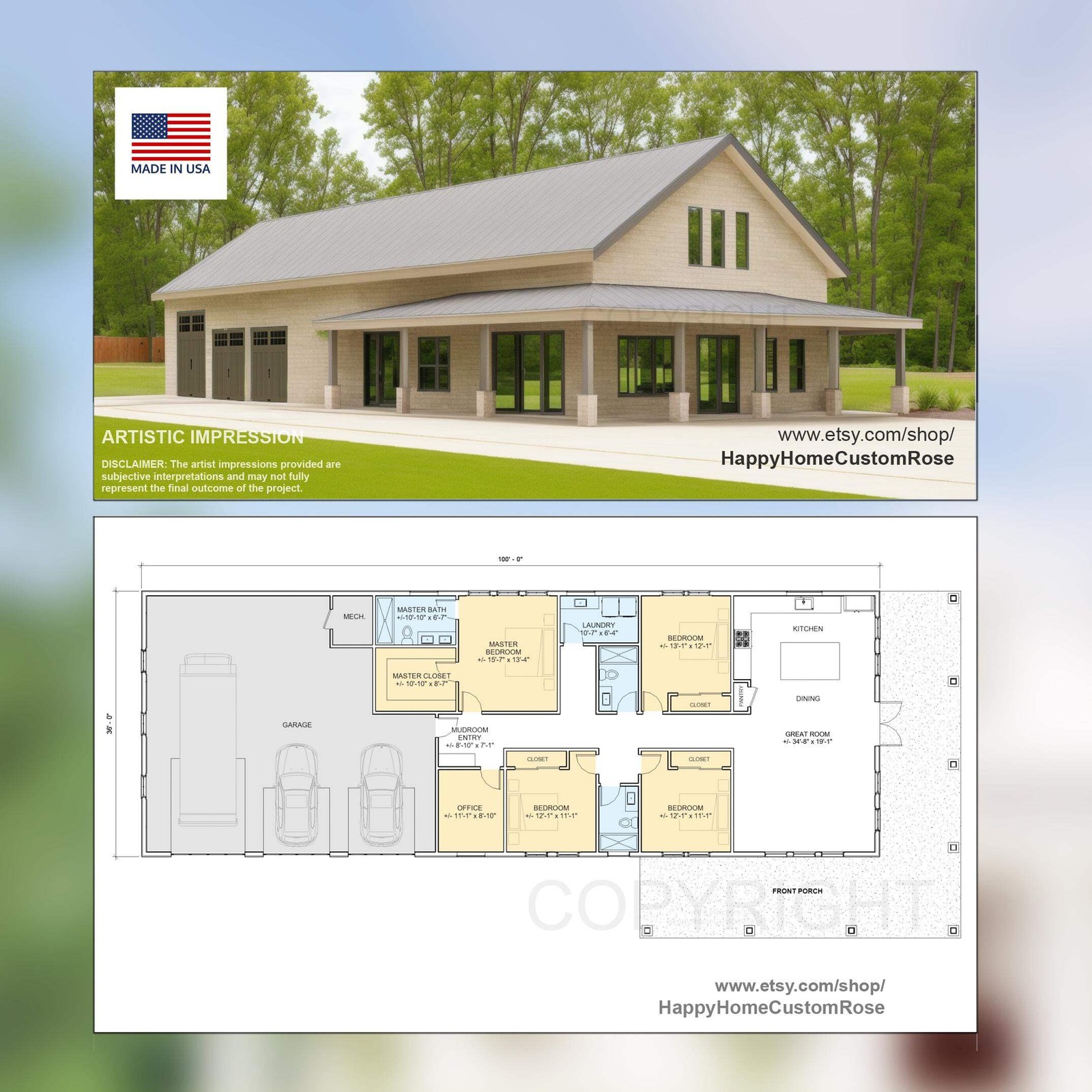 Brentwood Barn Barndominium Modern House Open Plan Design 100 x 36 – 4 Bed 3 Bat