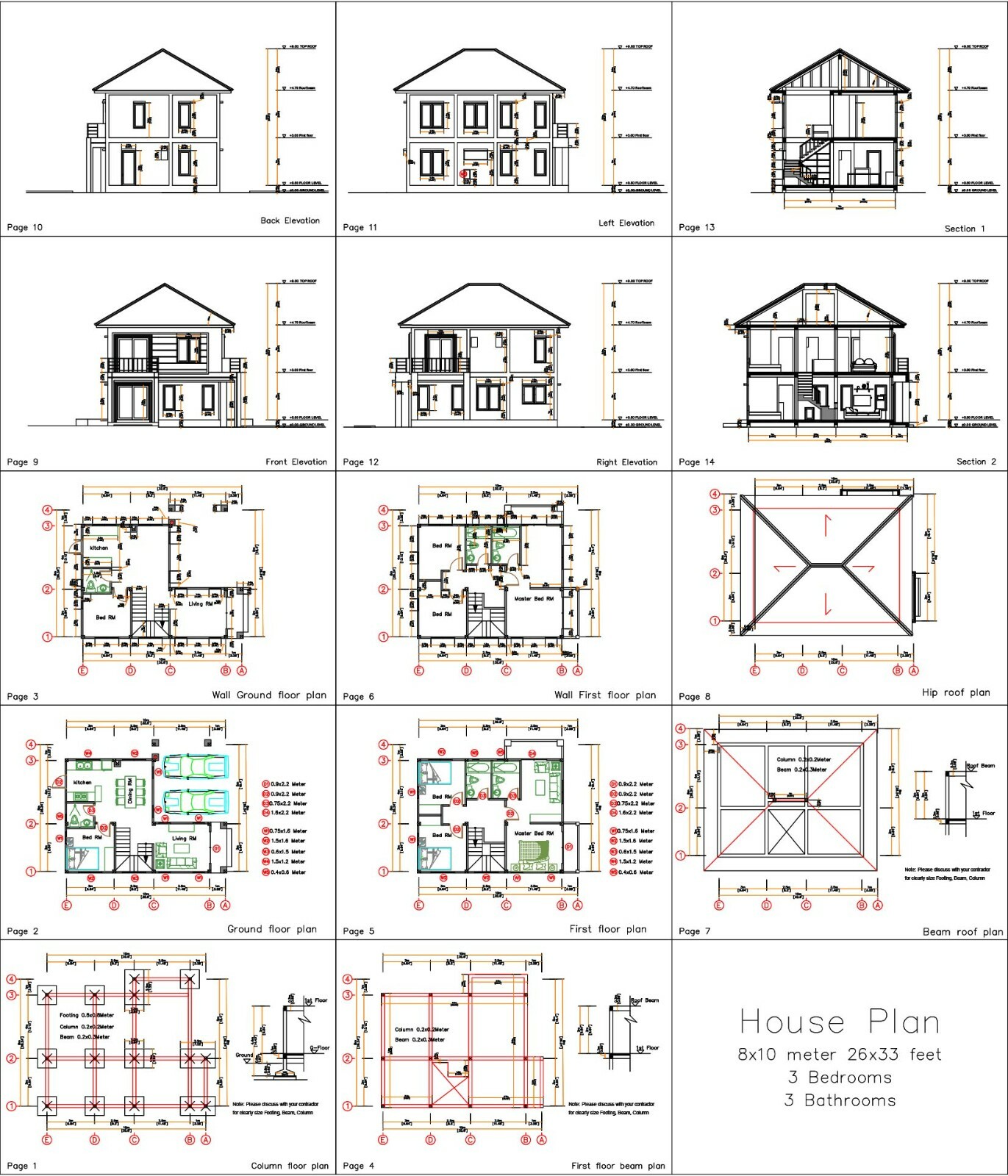 26×33 Feet House Design Plan 8×10 Meter 3 Beds 3 Baths Hip Roof (A4 Hard Copy)