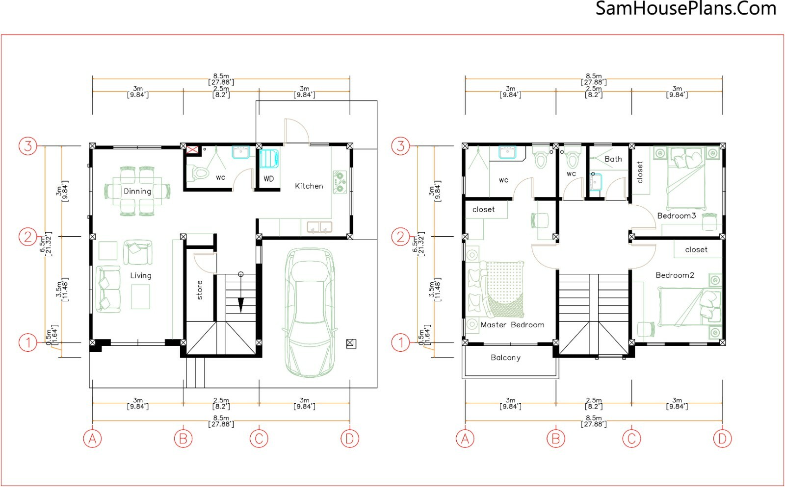 28×22 Feet House Plans Design 8.5X6.5 Meter 3 Beds 3 Baths Hip (A4 Hard Copy)