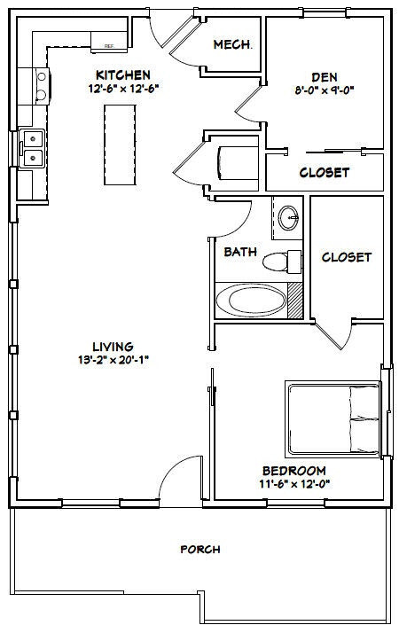 26×34 House — 1 Bedroom 1 Bath — 884 sq ft — PDF Floor Plan 1