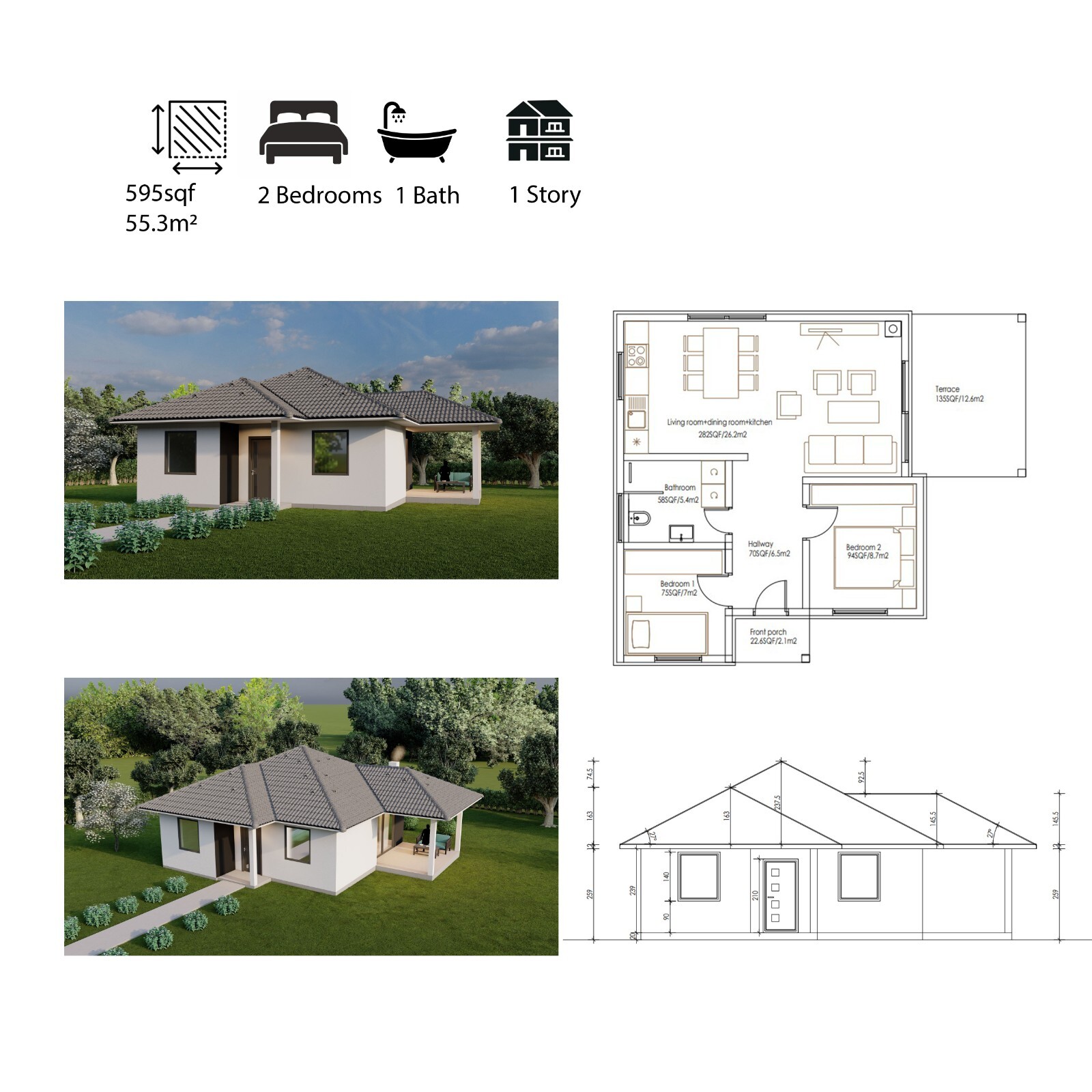 Tiny Single Story House Plans 595SQF/55.3m2 Modern Small House Blueprints