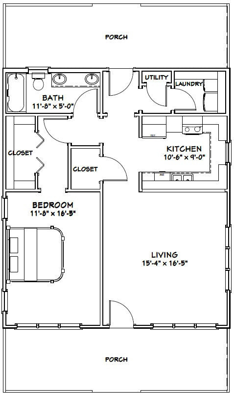 28×32 House — 1 Bedroom 1 Bath — 895 sq ft — PDF Floor Plan — Model 1A