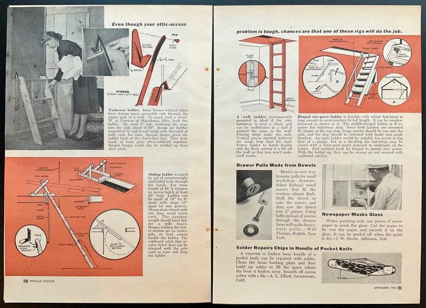Attic Ladder 4 types 1952 HowTo Design PLANS Sliding~Wall~Hinged~Tuck away