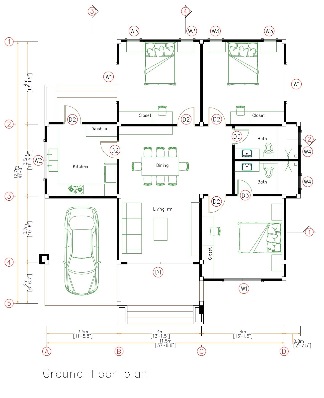 38×42 Feet House Plans 11.5×12.7 Meter 3 Bed 2 Bath Hip Roof PDF (A4 Hard Copy)
