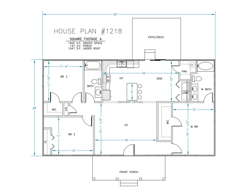 Ranch House Plans 1400 SF 3 Bed 2 Bath Open Floor – Split BR (Blueprints) #1218