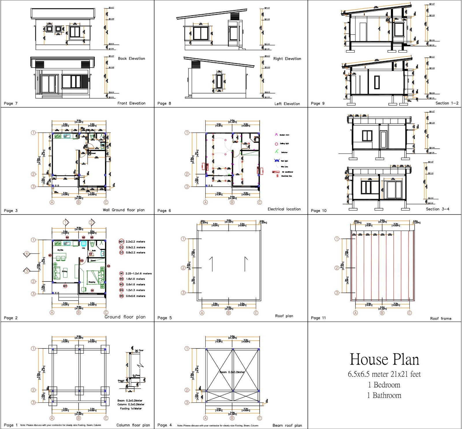21×21 Feet Tiny House Plans 6.5×6.5 Meter 1 Bed 1 Bath Shed Roof (A4 Hard Copy)