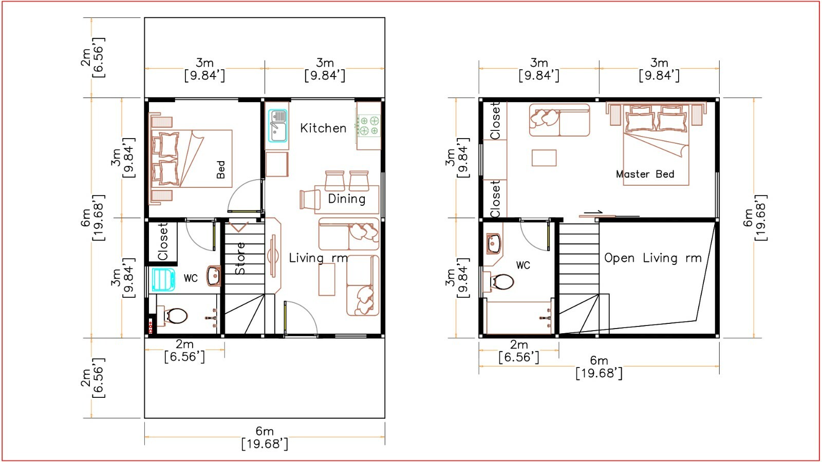 Simple House Design Plans 6×6 Meter 20×20 Feet 2 Bedrooms 2 Baths (A4 Hard Copy)