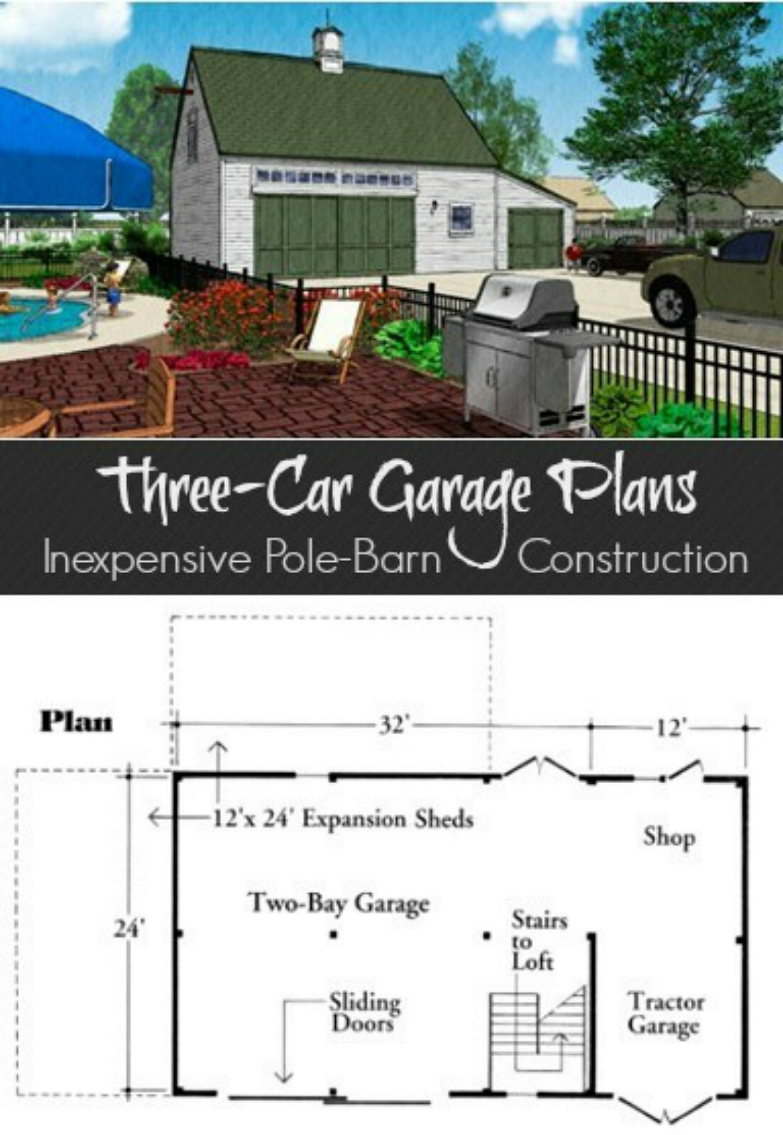 Three-Bay Car Barn Plans with Lofts: 3 Different Sets of Pole-Barn Plans (G3)
