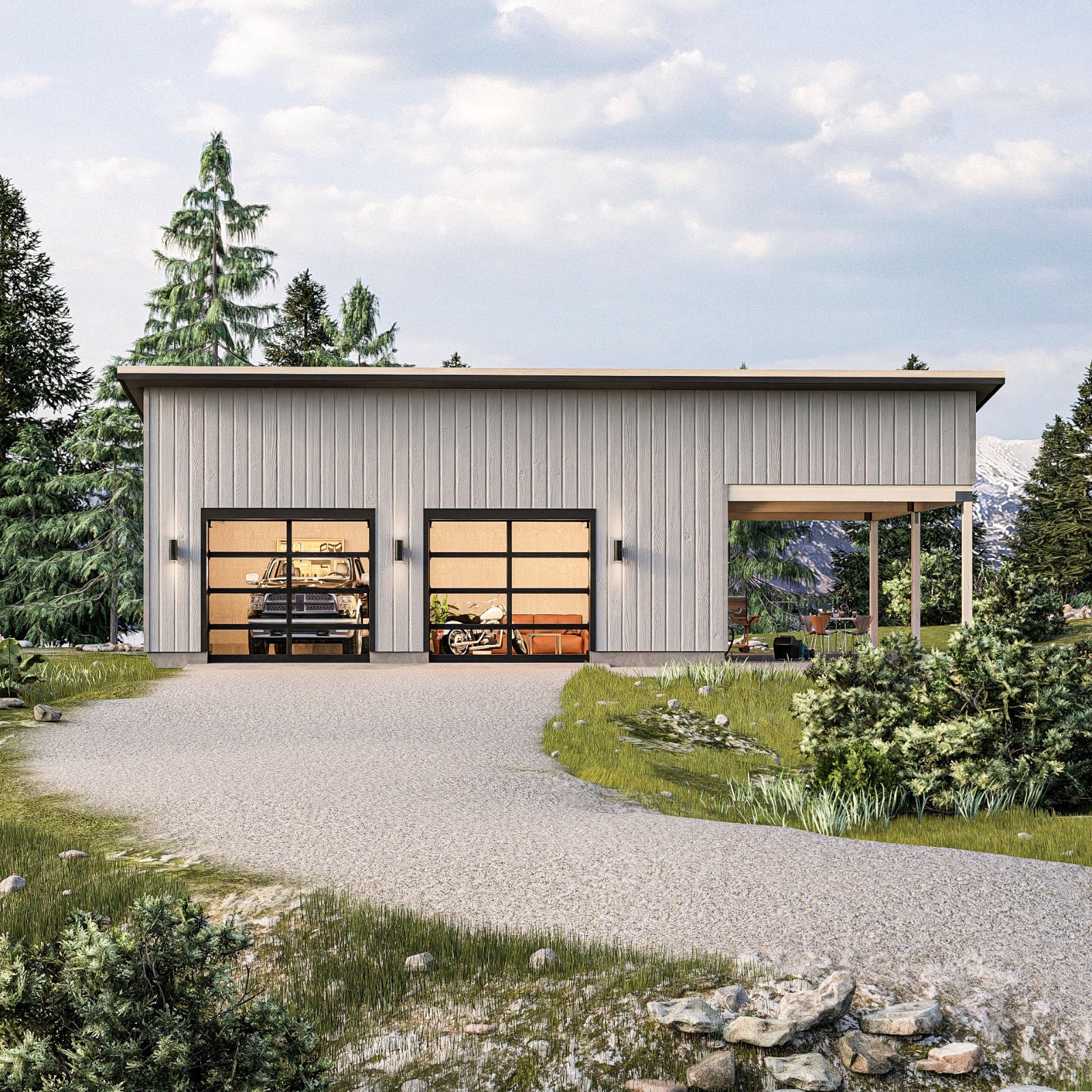 Modern 2-Car Garage Plan with Carport/ Detached Garage Blueprints
