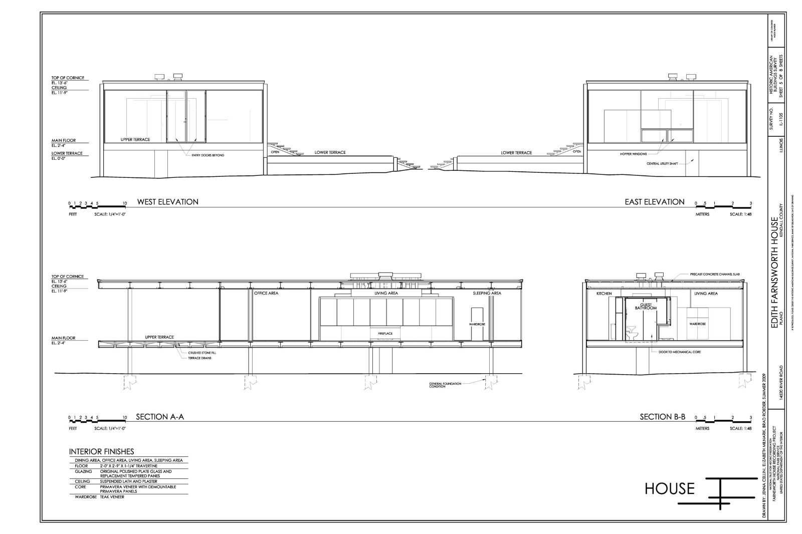Mies van der Rohe modern design, Farnsworth House, architectural drawings