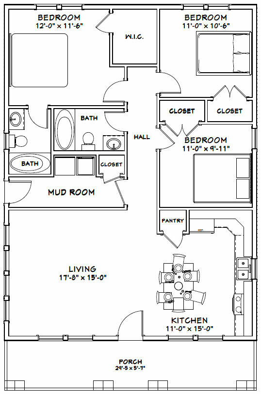 30×40 House — 3 Bedroom 2 Bath — 1,200 sq ft — PDF Floor Plan — Model 3B